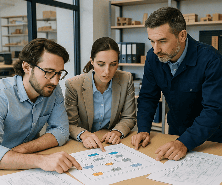 Trois professionnels analysant une cartographie de processus produit dans un bureau technique