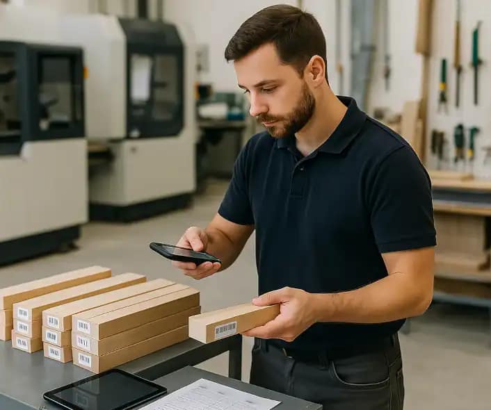Un opérateur scanne une pièce de bois avec son smartphone dans un atelier moderne