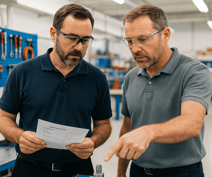 Deux professionnels en tenue d’atelier réalisant un audit terrain en milieu industriel