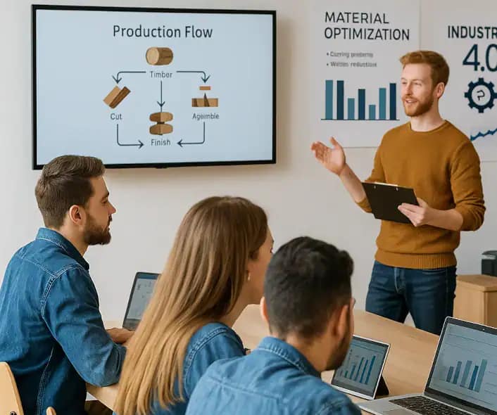 Formateur animant un atelier licence pro sur l’optimisation en industrie bois