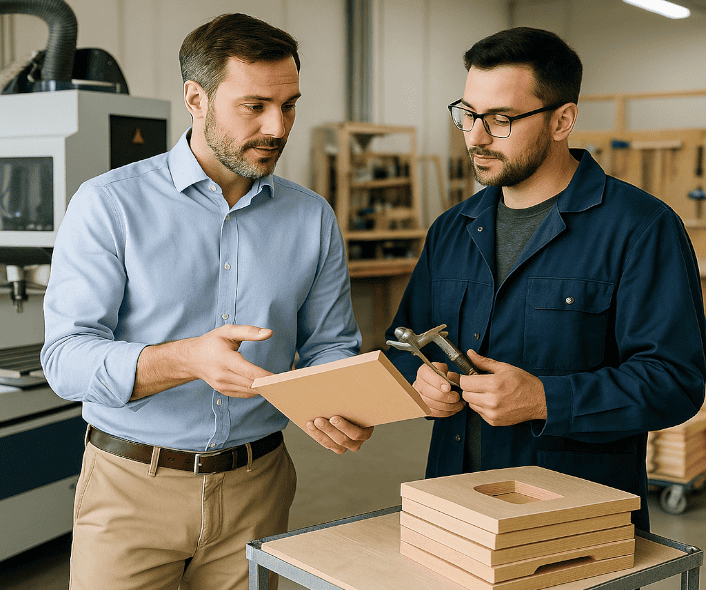 Consultant et technicien analysant un prototype en bois dans un atelier de fabrication