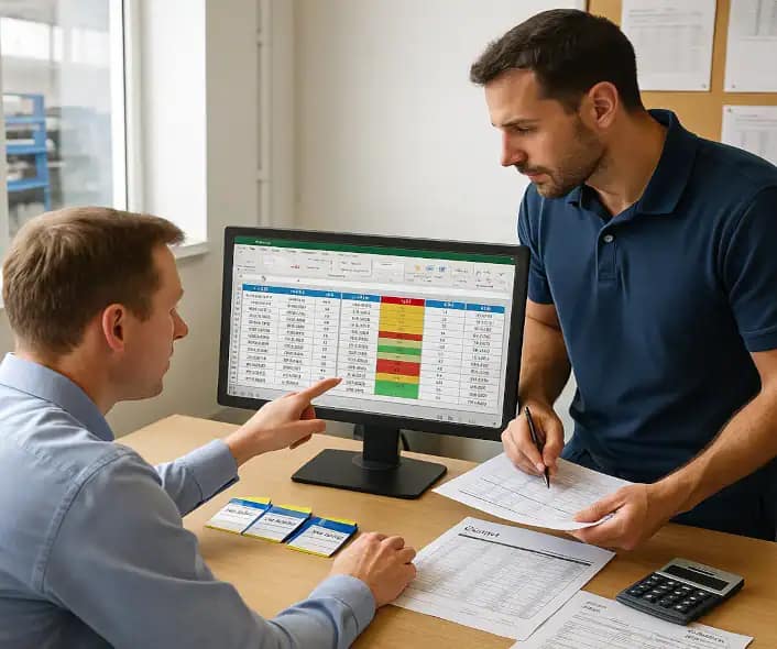 Deux professionnels analysent un tableau Excel de priorisation des pièces à produire en atelier
