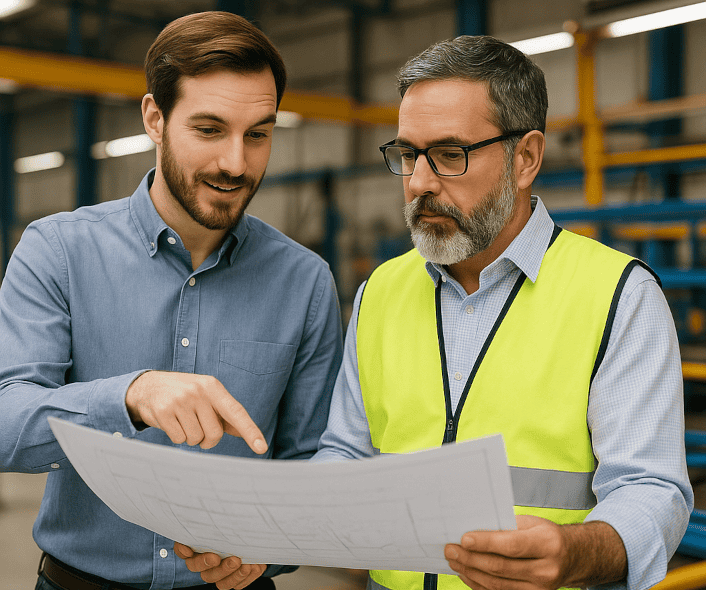 Consultant et opérateurs réorganisant une ligne de montage dans un atelier industriel